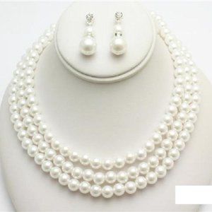 WHITE SILVER 3 LAYER PEARL NECKLACE SET